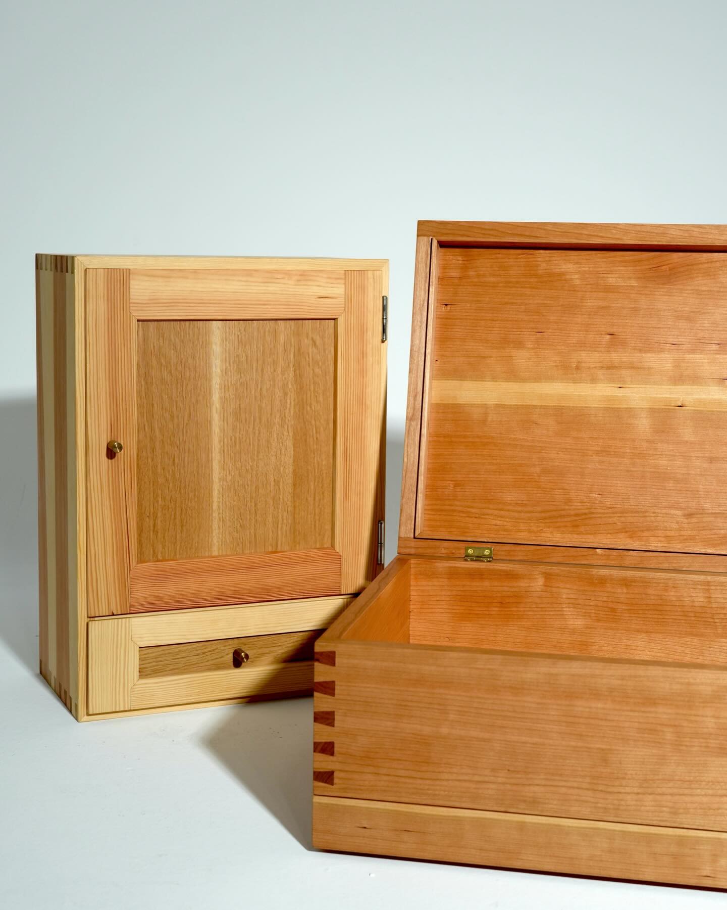 Handbuilt wall cabinet and dovetailed wood box by Twin Teaks